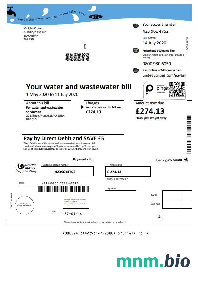United Kingdom United Utilities woda rachunek za media szablon w formacie Word i PDF